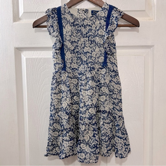 POLO Ralph Lauren Girls Dress Sleeveless Fully Lined Ruffles Blue Cream Size 6 - Picture 1 of 9